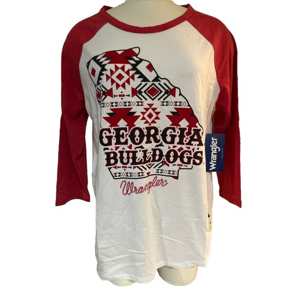NEW UGA Georgia Bulldogs Wrangler White 3/4 Sleeve Baseball Tee Shirt Women's M - Picture 1 of 6